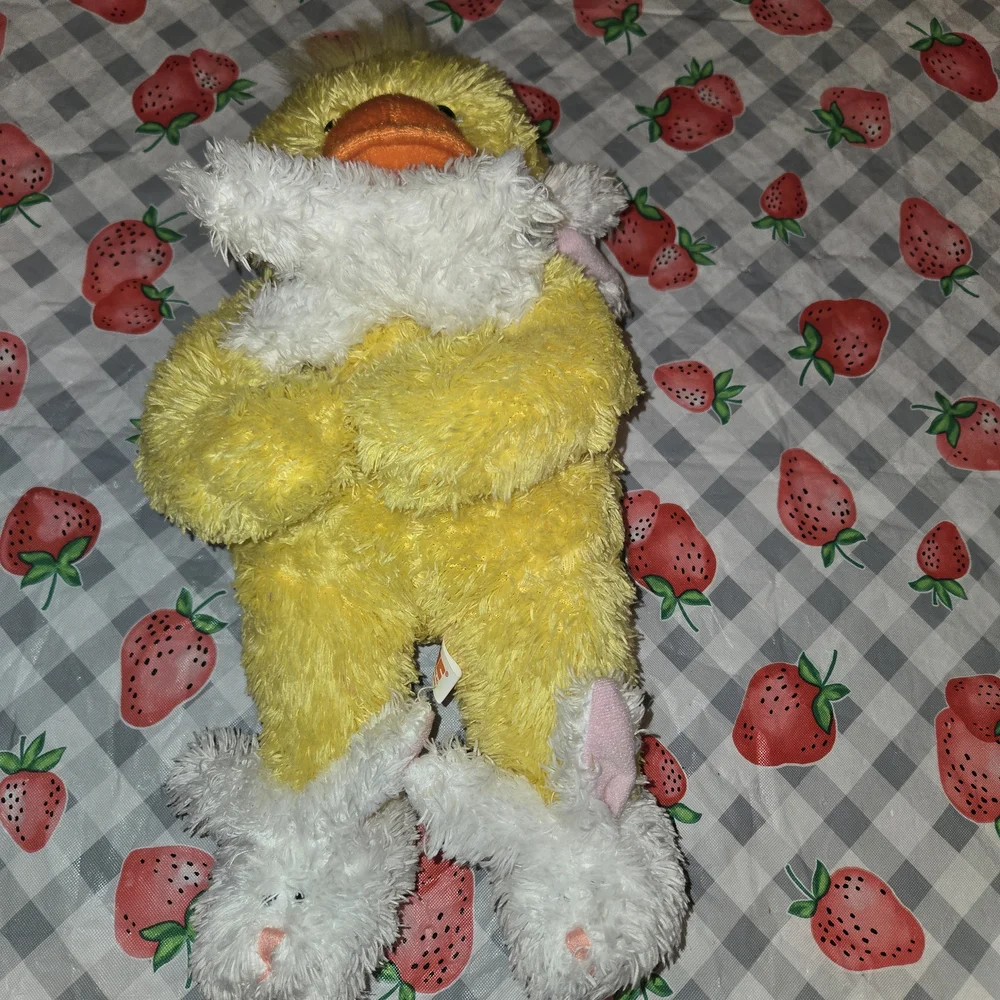 EASTER DUCK HOLDING RABBIT W/RABBIT SLIPPER SUPER FLUFFY SOFT BRIGHT BY PCB